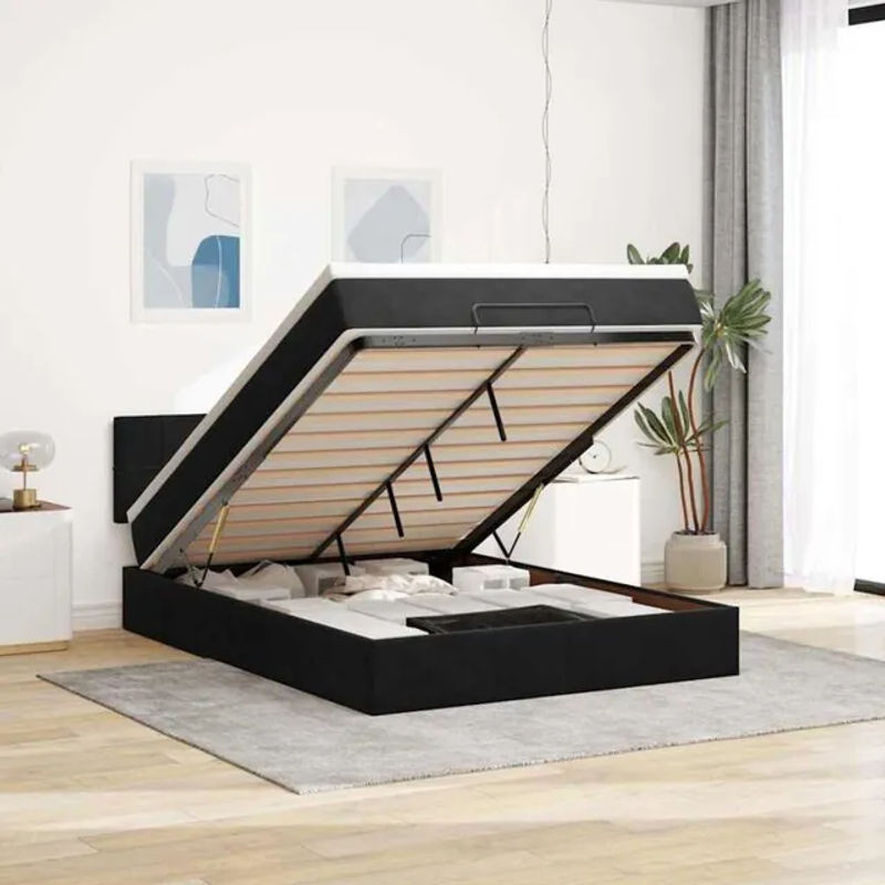 vidaxl Ottoman Polsterbett mit Matratze aus Samt in Schwarz, B/T/H: 140 x 200 cm - Bild 1