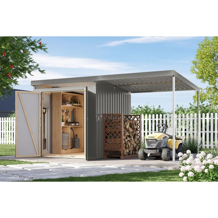 Karibu Metallgerätehaus Neos 2 mit Anbaudach in Graualuminium - Bild 2