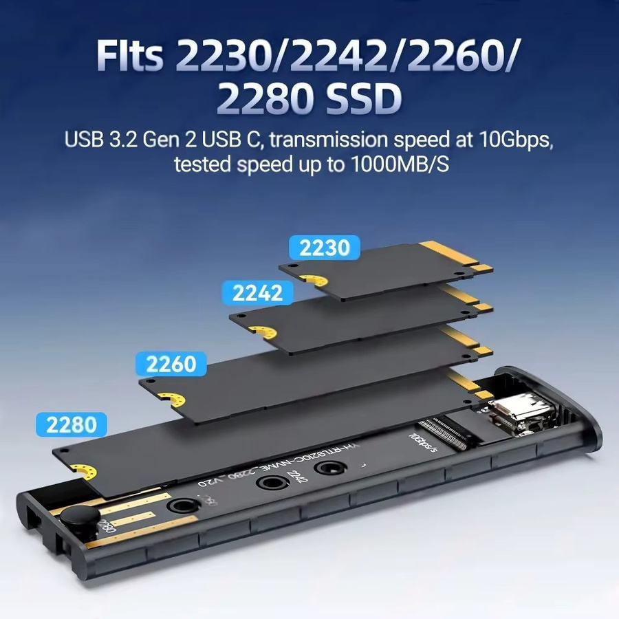 Kebidu M.2 SATA NVMe SSD Gehäuse mit 10 Gbit/s, Externer USB-C Typ C Festplattenadapter für M.2 2230 2242 2260 2280 SSDs - Bild 3