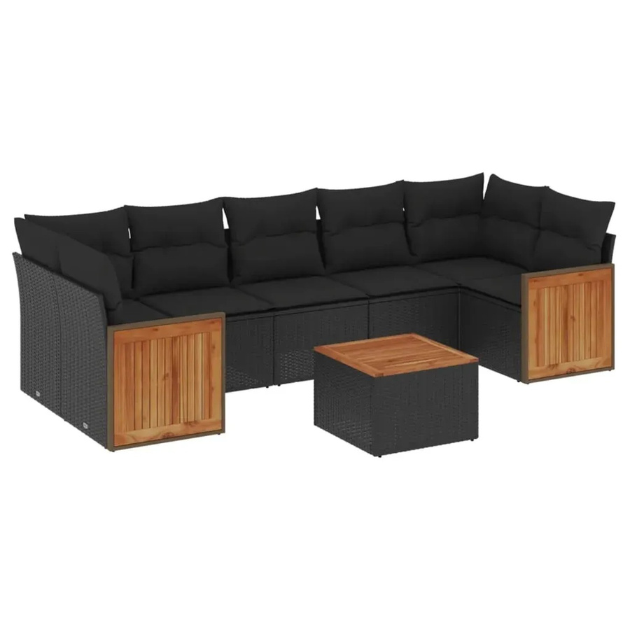 vidaXL 8-teilige Garten-Sofagarnitur in L-Form aus schwarzem Poly-Rattan mit Kissen und Akazienholz - Bild 2