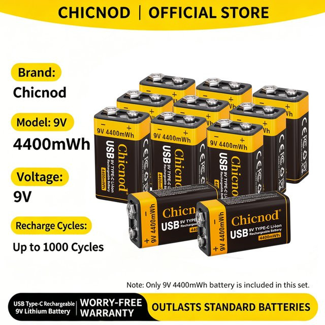 CHICNOD 9V Li-Ionen Akku mit USB Typ C, 4400mWh wiederaufladbare Batterie für Gitarrenpedale und Multimeter - Bild 1