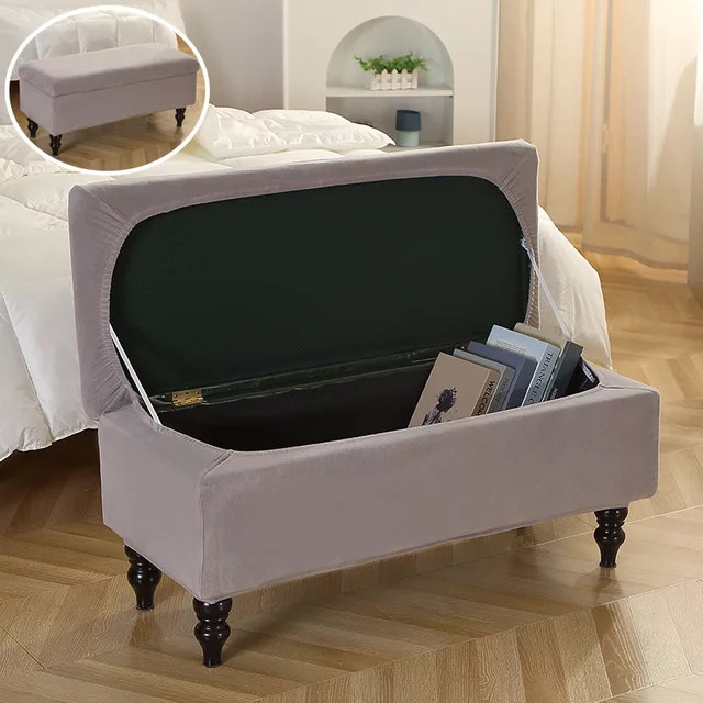 WANERQU Stretch-Aufbewahrungshüllen aus Polar-Fleece für Hocker und Ottomane, rechteckig, Schwarz und Grau - Bild 1