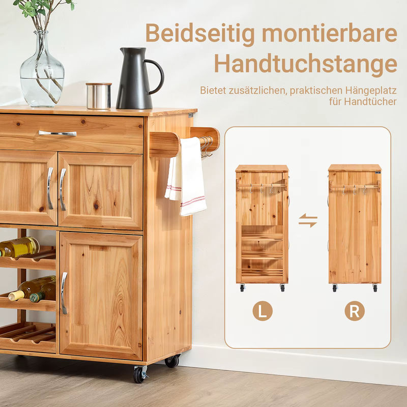SoBuy Küchenwagen im Vintage-Design aus Massivholz mit Weinregal und Schublade, Natur/Beige, B: 75 cm, T: 38 cm, H: 86 cm - Bild 3