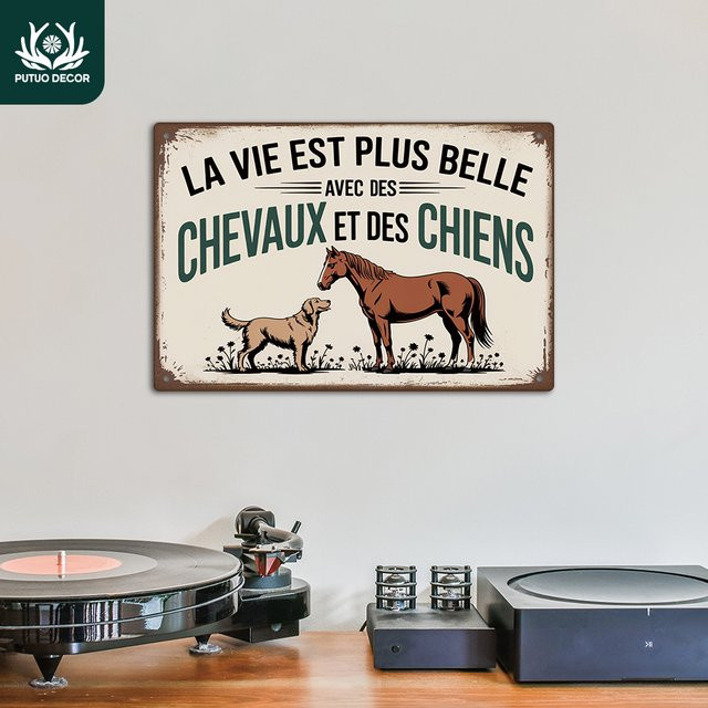 Putuo Decor Vintage Metallblechschild La vie est plus belle mit DES CHEVAUX ET DES Wandkunstdekoration für Pferdebesitzer B: 30,0 cm, H: 20,0 cm - Bild 1