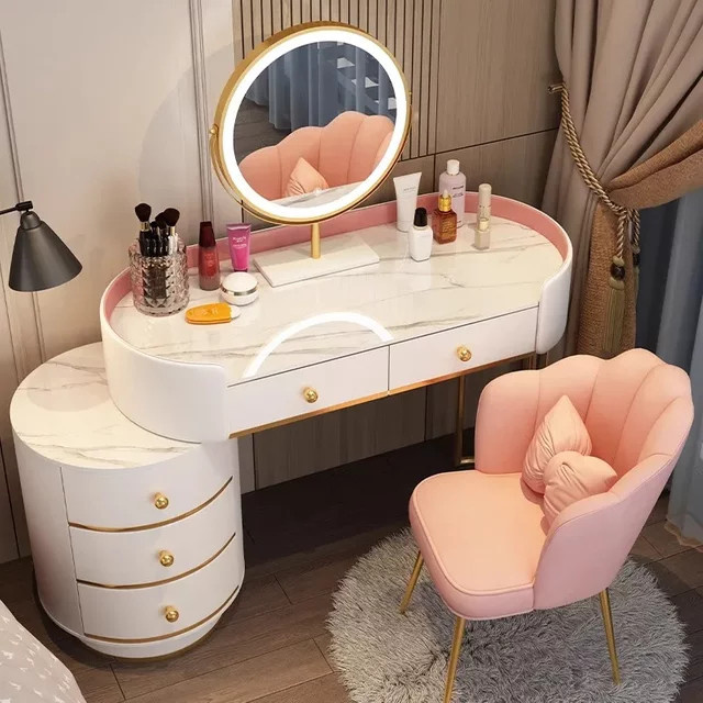 Luxus Schminktisch mit Hollywood LED Spiegel und Hocker in Rosa und Weiß von DUTRIEUX - Bild 1