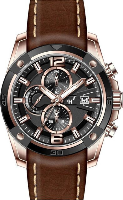 HEINRICHSSOHN Herrenuhr, Quarz, Edelstahl, Roségold, 49 mm, Leder, Schwarz - Bild 1
