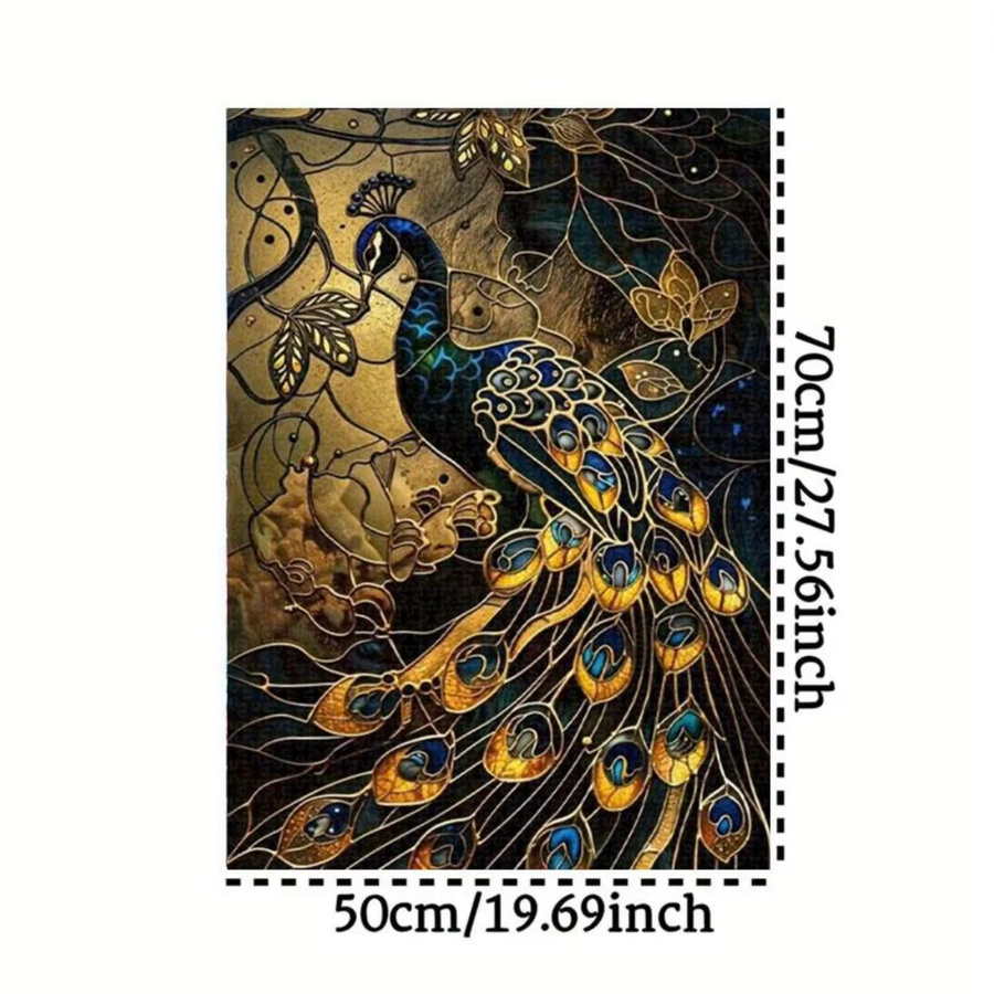 AZNM Pfauenpuzzle aus Buntglas in Blau und Gold mit floralem Art Nouveau Design für Erwachsene - Bild 2