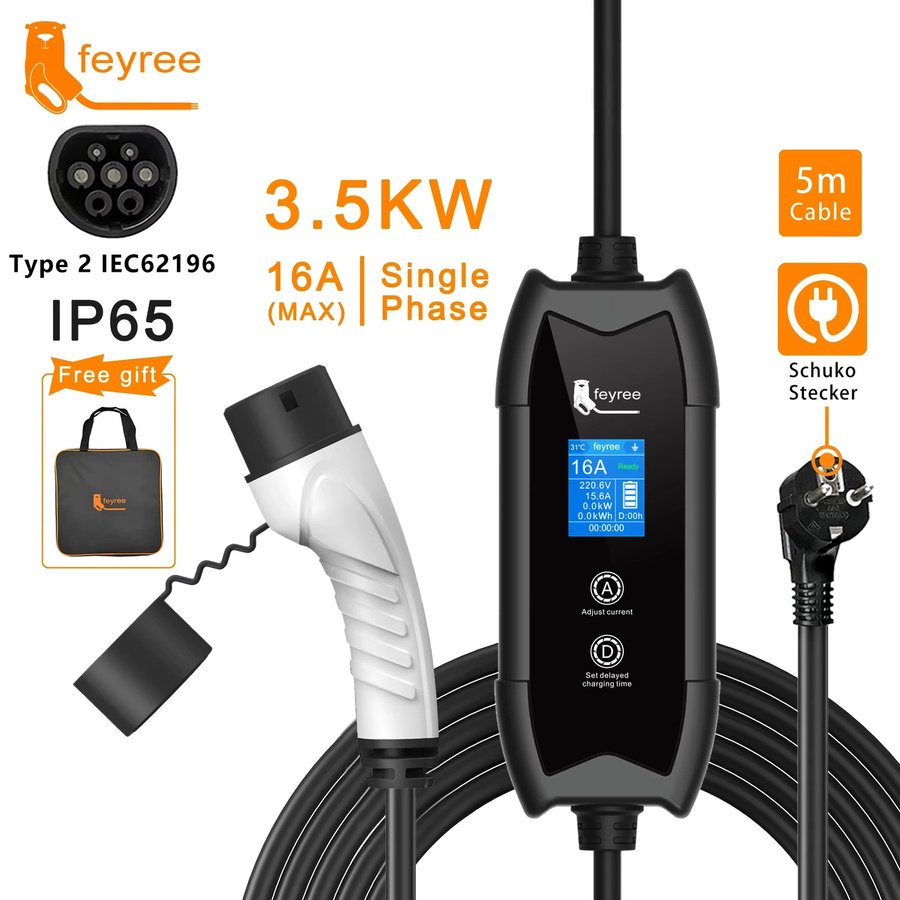 Feyree EV-Ladegerät Typ2 3,5kW 16A Tragbare Ladebox mit Strom- und Zeitsteuerung, 5m Kabel, Schwarz - Bild 2