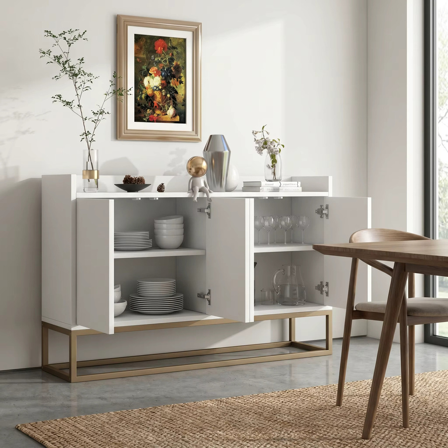 Superaly Weißes 4-Türiges Sideboard mit Metallgestell und Sprühlackierten Beinen, Moderner Buffetschrank für Wohnzimmer, Esszimmer oder Eingangsbereich - Bild 2
