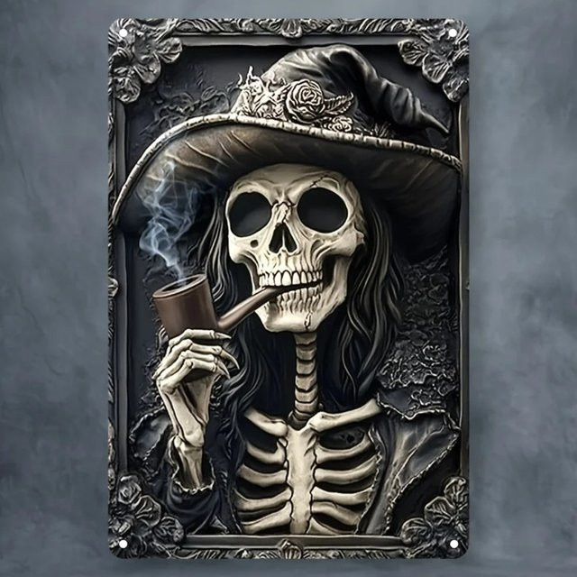 HELLOYOUNG Skeleton Witch Aluminiumschild – Quadratische Wanddekoration aus Metall im Vintage-Stil, Mehrfarbig, B/H: 30 x 45 cm - Bild 1