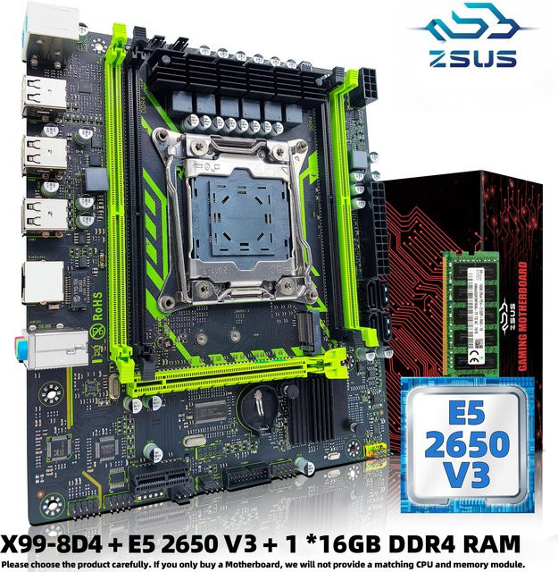 ZSUS X99-8D4 Motherboard-Set mit Xeon E5 2650 V3 CPU, 16 GB DDR4 2133 MHz RAM und NVME M.2 SATA in Schwarz - Bild 1