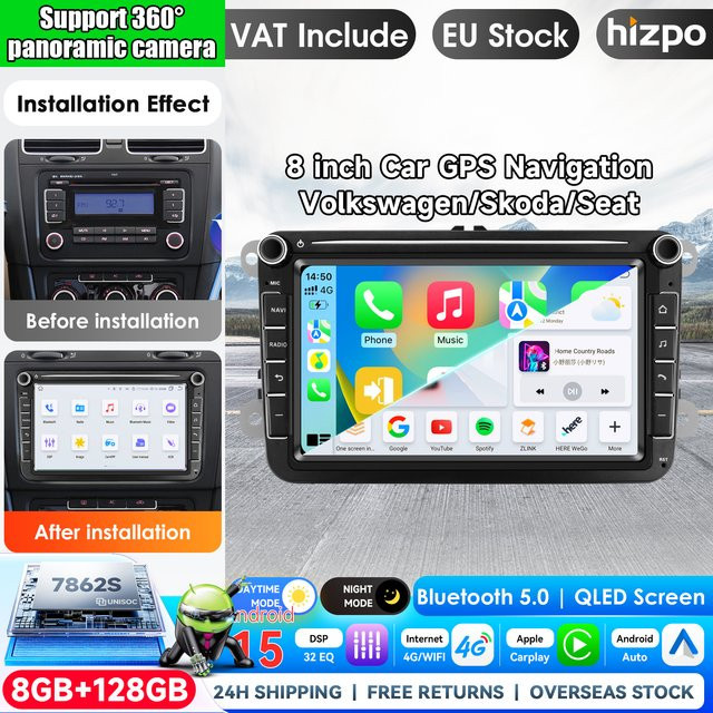 Hizpo 7-Zoll Android Autoradio mit GPS und Carplay für VW, Skoda und Jetta in Schwarz - Bild 1