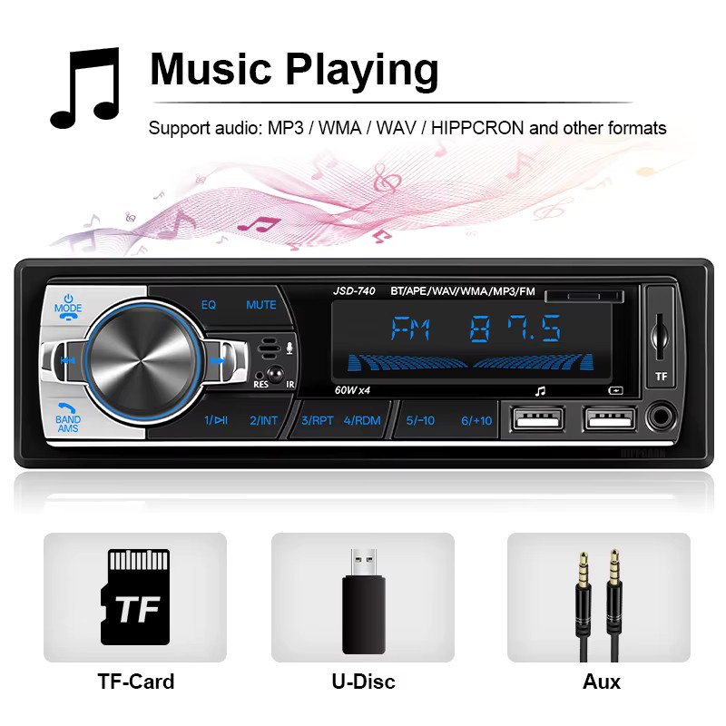Hippcron Autoradio Bluetooth Stereo-Audio-Player mit FM, USB, TF und AUX-Eingang, unterstützt Lenkradsteuerung, Schwarz, 12V Universal - Bild 2