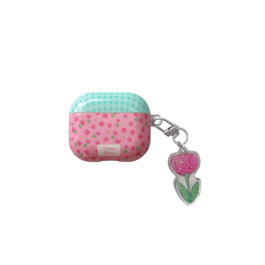 Apple AirPods Schutzhülle mit grünem Karomuster und Tulpen-Blumenmuster sowie Tulpen-Anhänger in Grün, Pink und Multicolour für AirPods 1, 2, 3, 4, Pro 2 und Pro 3 - Bild 4