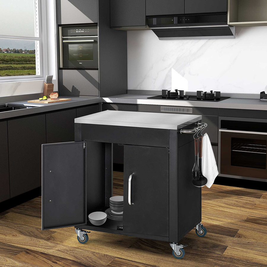 HOMCOM Küchenwagen mit Rollen und Schrank in Schwarz mit Edelstahlgriffen für Küche und Esszimmer, B/T/H: 86 x 50 x 86,5 cm - Bild 2