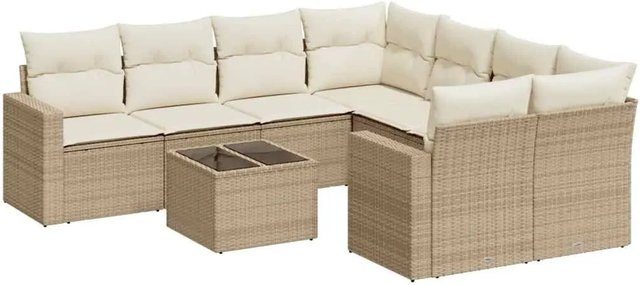 vidaXL 9-teilige Garten-Sofagarnitur aus Poly-Rattan in Beige mit Kissen und Hartglas - Bild 1