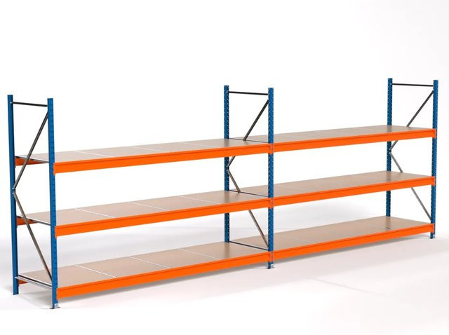 PROREGAL Industrie Weitspannregal MAXIMUS PRO Komplettregal mit 2 Feldern und 3 Spanplatten-Fachböden, Blau-Orange, H: 200 cm, B: 550 cm, T: 80 cm - Bild 1