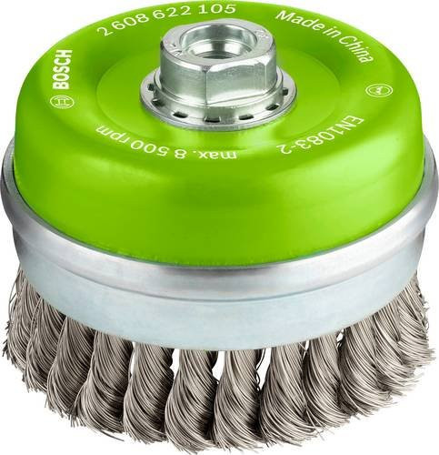 Bosch Topfbürste aus Edelstahl mit gezopftem Draht für Winkelschleifer, Durchmesser: 100 mm, Drahtstärke: 0,35 mm, Anschluss: M14, Farbe: Silber - Bild 1