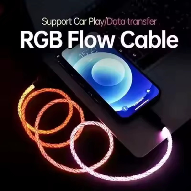 VBNM RGB USB-A auf Typ-C Ladekabel mit fließender LED-Beleuchtung, 120 W, Multicolour, Datenkabel für iPhone, Samsung, Huawei, Oppo und Vivo - Bild 3