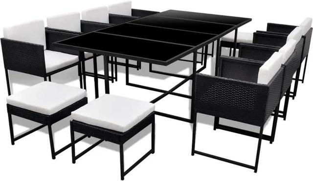 vidaXL 13-teilige Garten-Essgruppe aus Poly Rattan mit Auflagen und Glastisch in Schwarz - Bild 1