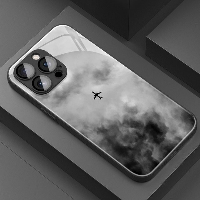 Minimalistische Handyhülle aus gehärtetem Glas mit dunklem Wolken- und Flugzeugmotiv in Schwarz und Grau für iPhone 11 12 13 14 15 16 17 Pro Max 17Air 7 8 Plus XS X Cover - Bild 1