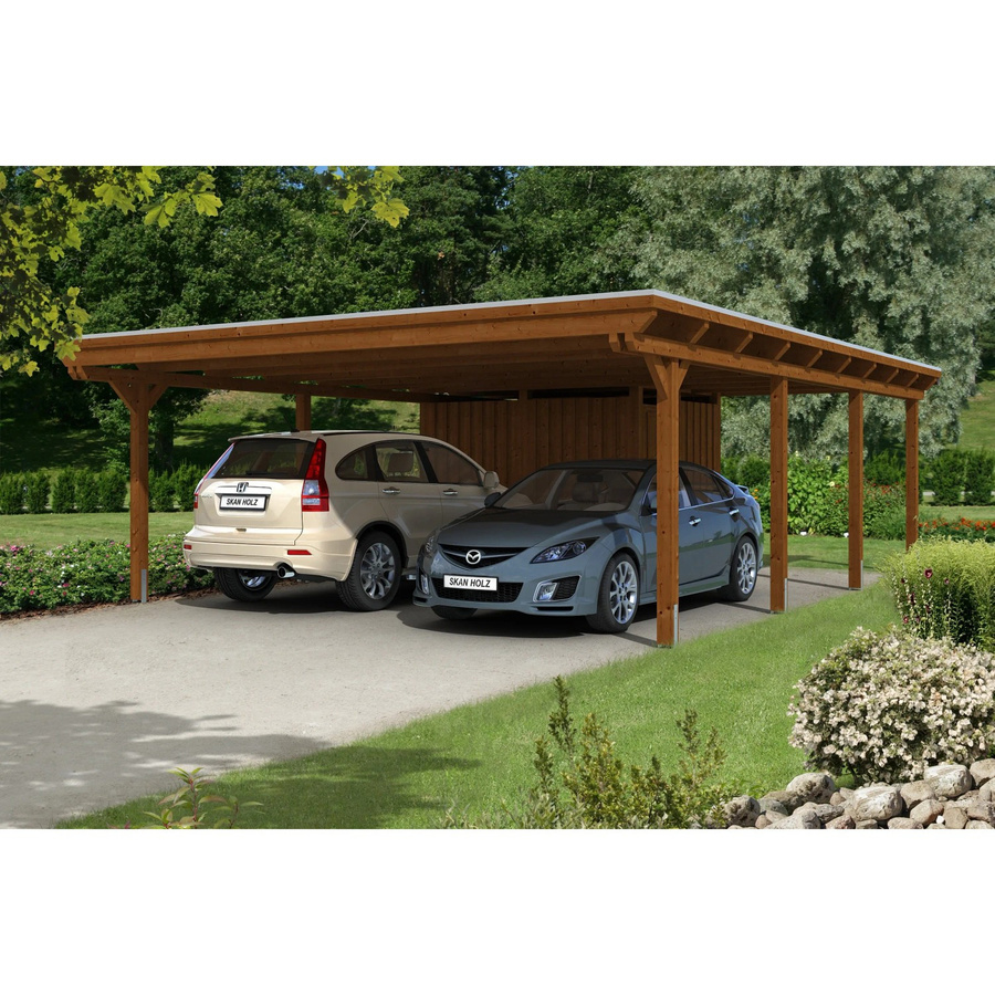 Skan Holz Carport Emsland aus Fichte Leimholz mit Abstellraum in Nussbaum Braun, Breite: 613 cm, Tiefe: 846 cm, Höhe: 248 cm - Bild 2