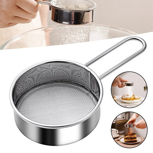 Feinmaschiges Mehlsieb aus Edelstahl in Silber für Zucker, Kakao und Matcha, rund und handgehalten - Bild 1
