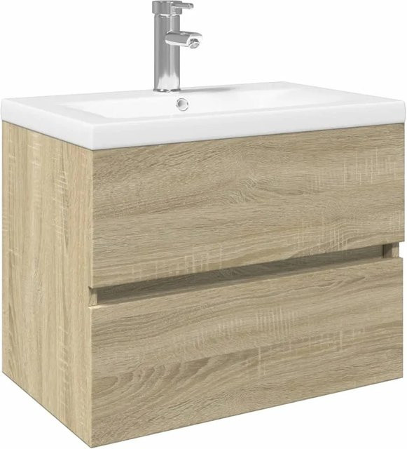 vidaXL 2-tlg. Badmöbel-Set Modell 4 aus Keramik und Holzwerkstoff in Eiche, Weiß und Beige mit Waschbeckenunterschrank und Waschbecken, Wandmontage - Bild 1