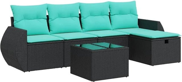vidaXL 6-teilige Garten-Sofagarnitur in L-Form aus Polyrattan mit blauen Kissen und Couchtisch in Schwarz - Bild 1