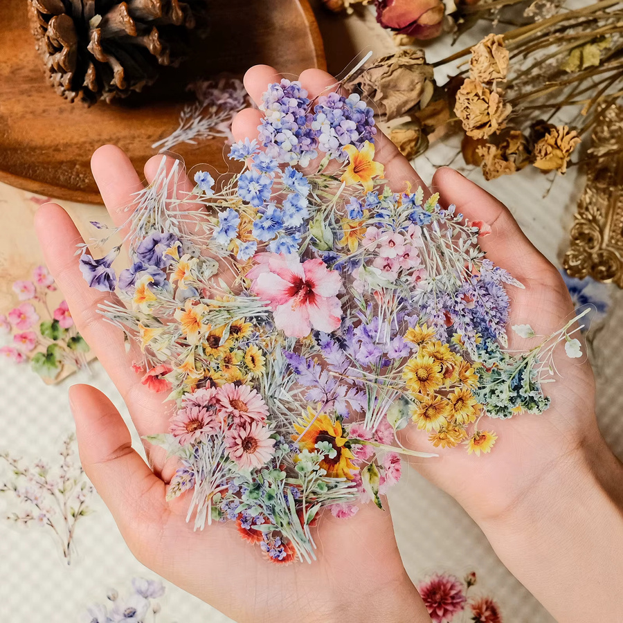50-100 Stück Wasserfeste PET-Aufkleber mit Blumen- und Pflanzenmotiven in Transparent und Multicolour zur Dekoration von Tagebüchern, Handys und Gepäck - Bild 2