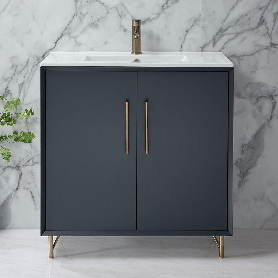 Waschtischunterschrank mit Waschbecken HudsonReed Edge in Anthrazit mit Messinggriffen und Soft-Close-Türen, Breite: 81 cm - Bild 1