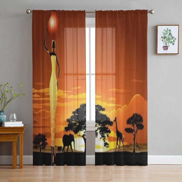 Transparente Tüllvorhänge von Binchi Outdoor Equipment mit afrikanischem Motiv in Braun und Orange, Breite: 135 cm, Höhe: 114 cm - Bild 1