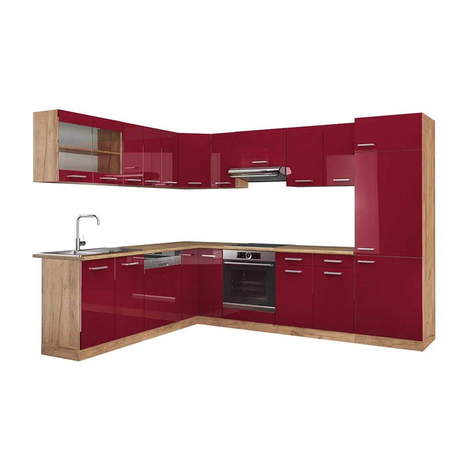 Vicco R-Line Eckküche modern in Bordeaux Hochglanz und Goldkraft Eiche, B/T/H: 227 x 287 x 207 cm - Bild 2