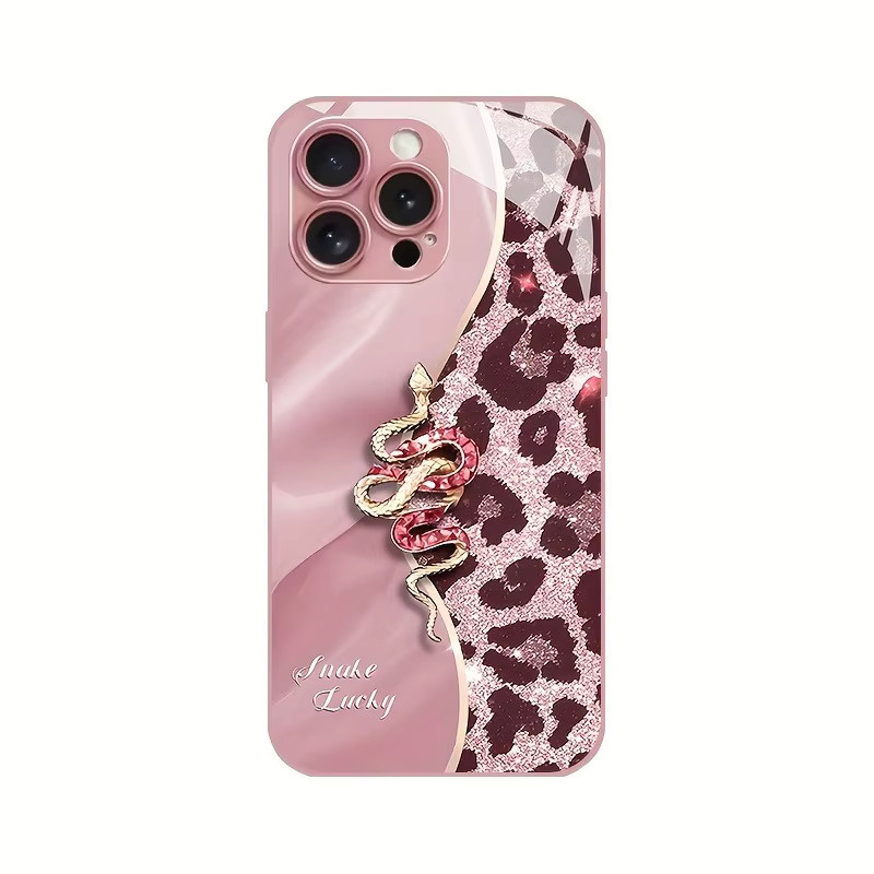 Glas Handyhülle mit Leopardenmuster und Golden Snake Metallic Paint für Apple iPhone 11 bis 17 Pro Max Plus in Gold und Pink - Bild 2