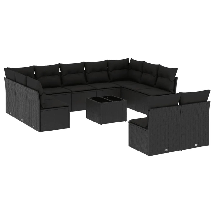 vidaXL 12-tlg Garten-Sofagarnitur aus Poly-Rattan mit Kissen und Glastisch in Schwarz - Bild 2