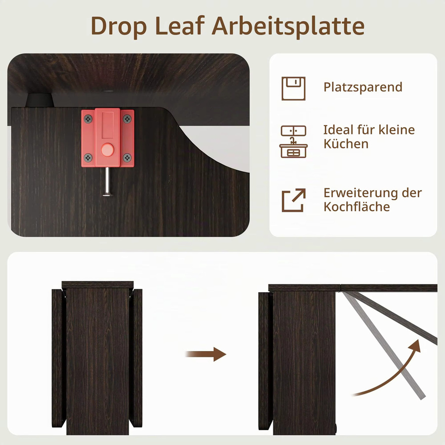 Litake Klappbarer Esstisch im Bauernhaus-Stil mit Aufbewahrungsregal und Rollen, Dunkle Walnuss, B: 130 cm, T: 80 cm, H: 75 cm - Bild 7