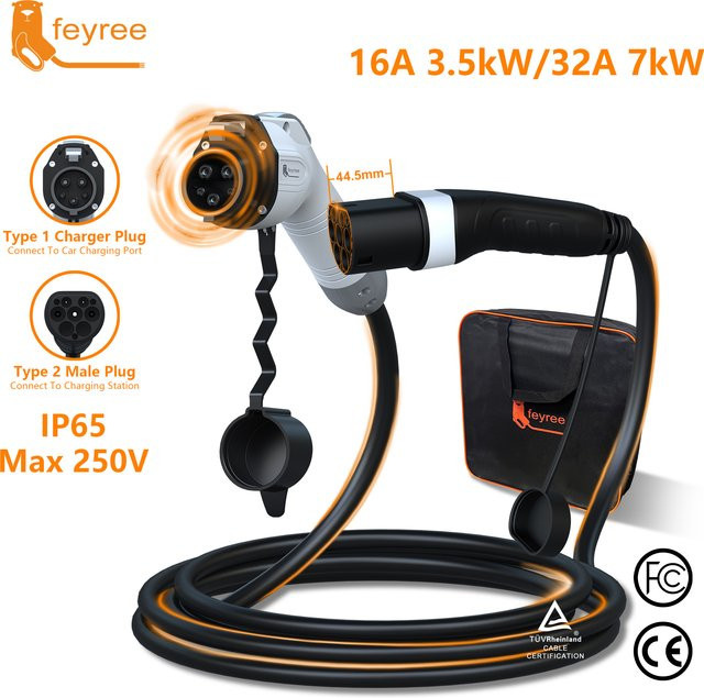 Feyree EV-Ladekabel Typ1 auf Typ2 für Elektroautos, 7KW 32A 1-phasig, 5m Länge - Bild 1