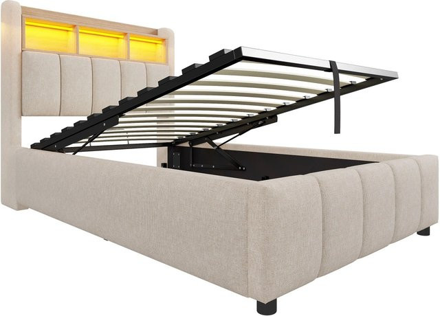 okwish Kinderbett in Beige mit LED-Beleuchtung, USB-Ladeanschluss und Stauraum, B/T/H: 90 x 200 x 215 cm - Bild 1