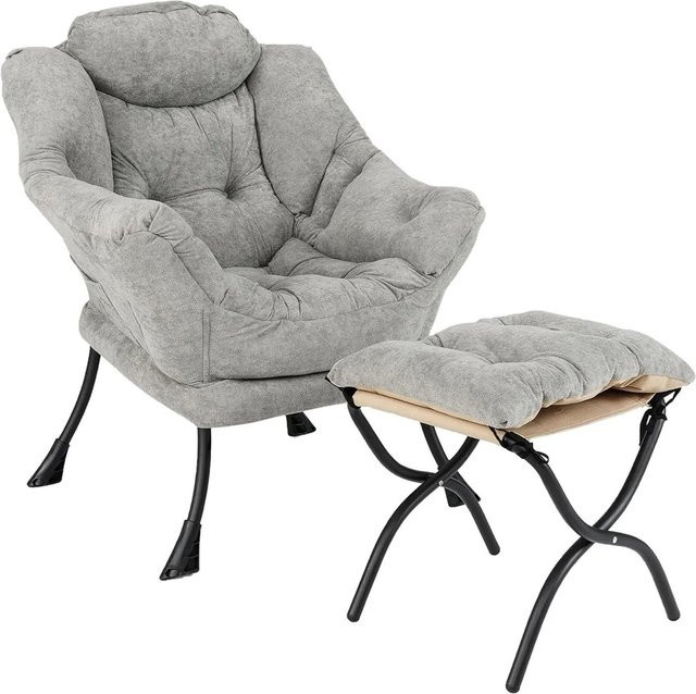 Costway Sessel mit Hocker und Seitentasche in Grau mit Metallrahmen und Stoffbezug - Bild 1