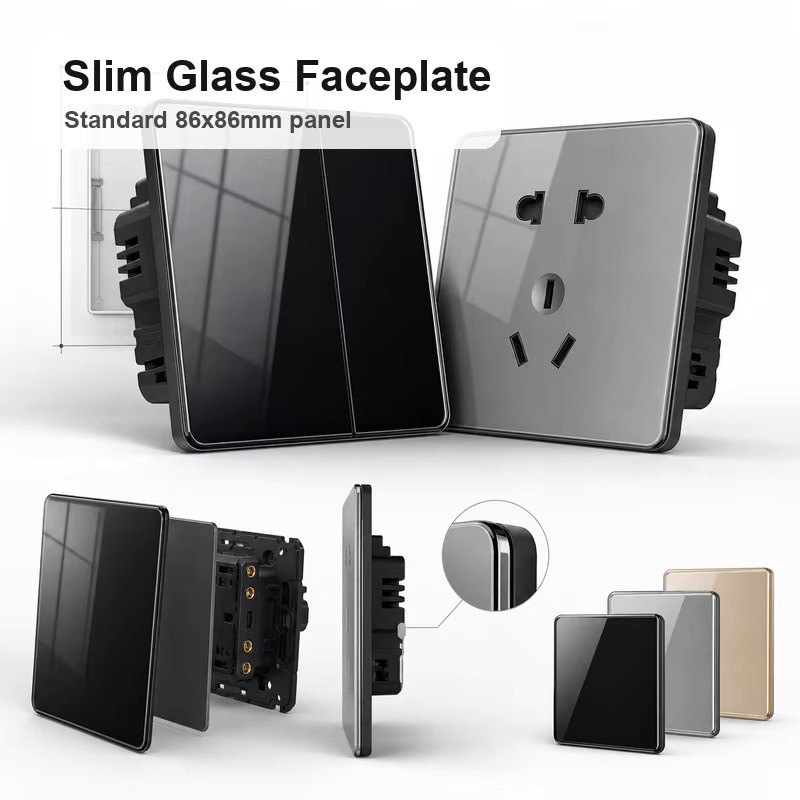 Kristallglas Wandschalter und Steckdose Set aus gehärtetem Glas mit USB, RJ45 und TV-Anschluss in Weiß oder Transparent, Maße 86 x 86 mm - Bild 2