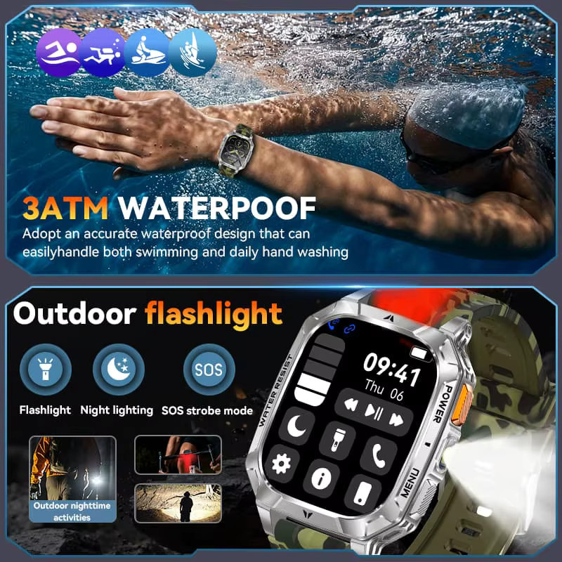 LIGE Militär-Smartwatch mit 2,01 Zoll HD-Bildschirm, 1400 mAh Akku, Bluetooth-Anruf, 3ATM wasserdicht, Farbe: Blau, kompatibel mit Android und iOS - Bild 4