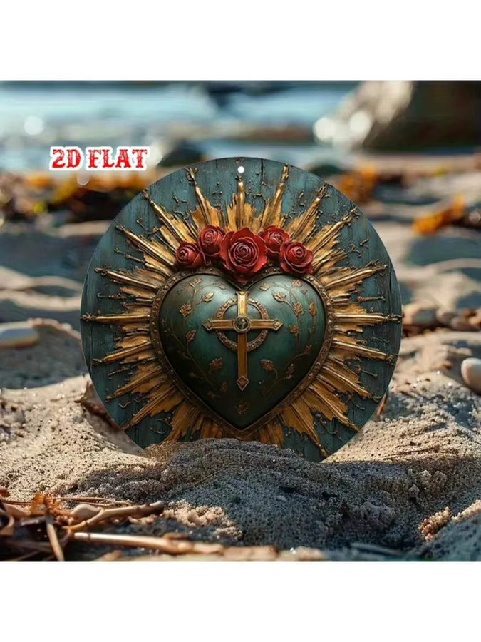 Rundes Aluminiumschild HELLOYOUNG Religious Sacred Heart mit floralem Rosen-Motiv in Mehrfarbig, Durchmesser: 20 cm - Bild 4