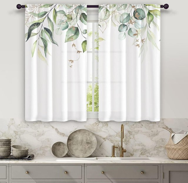 2er-Set halbverdunkelnde Küchenvorhänge von Yiran Furniture mit Aquarell-Blumenmuster in Weiß und Multicolour, B: 50 cm, H: 130 cm - Bild 1