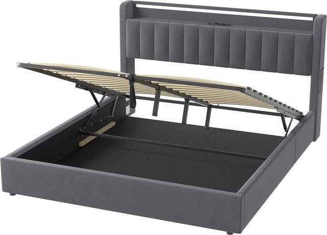 okwish Polsterbett mit Bettkasten und LED-Licht in Grau, B/T/H: 180 x 200 x 100 cm (ca.) mit USB-Ladeport und Leselampe - Bild 1