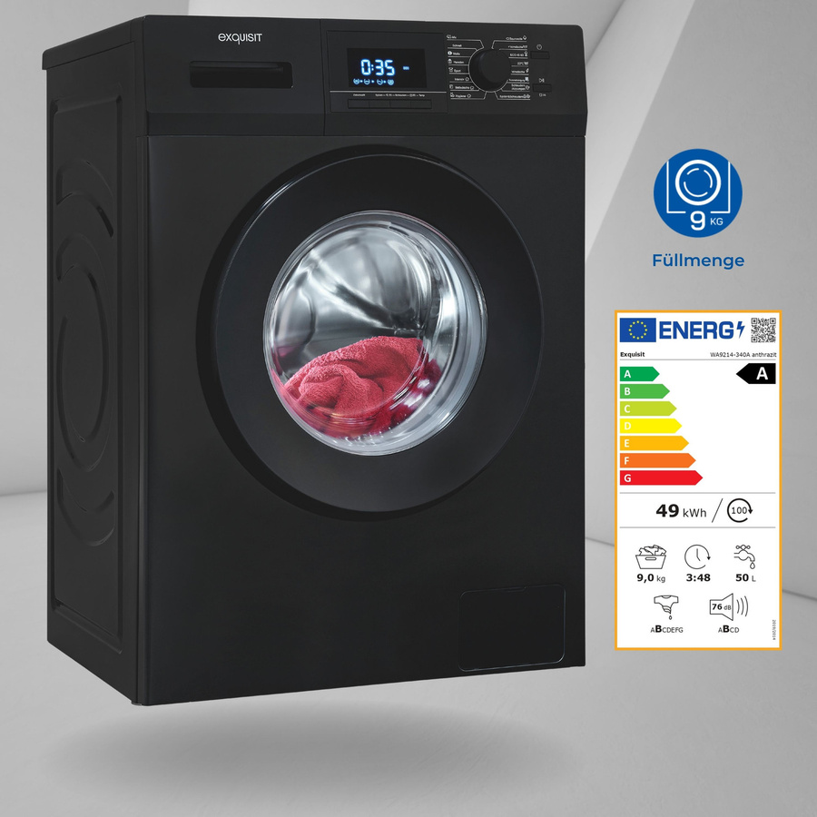 Exquisit Waschmaschine WA9214-340A in Anthrazit mit 9 kg Waschkapazität und 1400 U/min Schleuderdrehzahl, Frontlader mit Aquastop - Bild 3