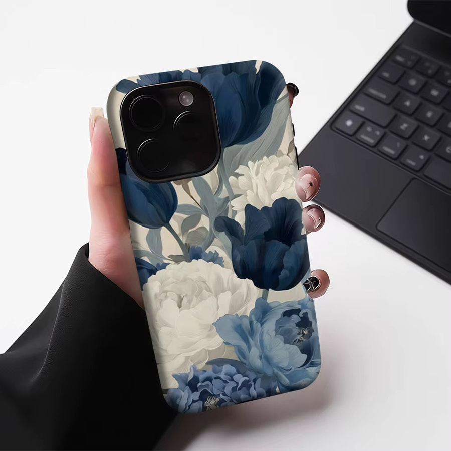 Potdemiel Robuste Handyhülle mit Marineblauen und Weißen Pfingstrosen für iPhone 17 16 15 14 13 Pro Max Plus mit Magnetfunktion - Bild 4