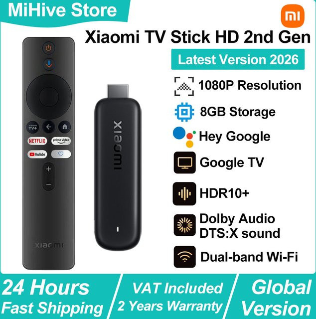 Xiaomi TV Stick HD 2. Generation Streaming-Media-Player mit Google TV, Dual-Band WLAN und Bluetooth-Sprachfernbedienung, Schwarz - Bild 1