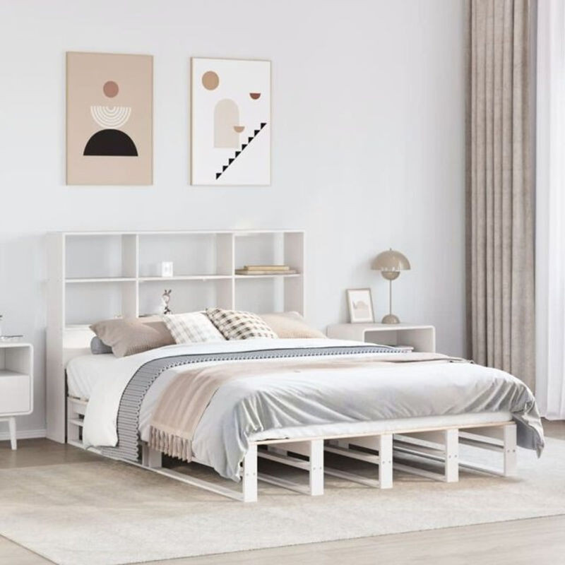 Massivholzbett aus Kiefer mit Regal von Vidaxl in Weiß, B/T/H: 160 x 200 cm - Bild 1