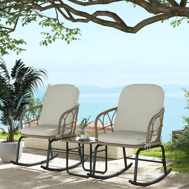 Outsunny 3-tlg. Rattan Schaukelstuhl-Set mit 2 Schaukelstühlen und 1 Couchtisch in Beige und Gelb im Boho-Chic mit Kissen und Armlehnen - Bild 2