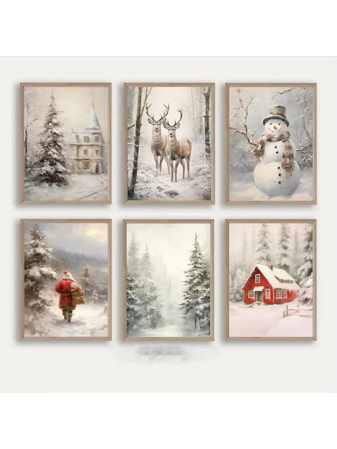 Potdemiel Weihnachtsposter Minimalistische Wandkunst als Leinwandmalerei mit Schneemann, Hütte, Hirsch und Weihnachtsmann in Mehrfarbig - Bild 2